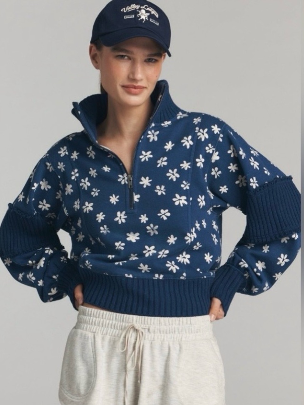 Daily Practice by Anthropologie Indy Floral Half-Zip Sweatshirt Size S Navy